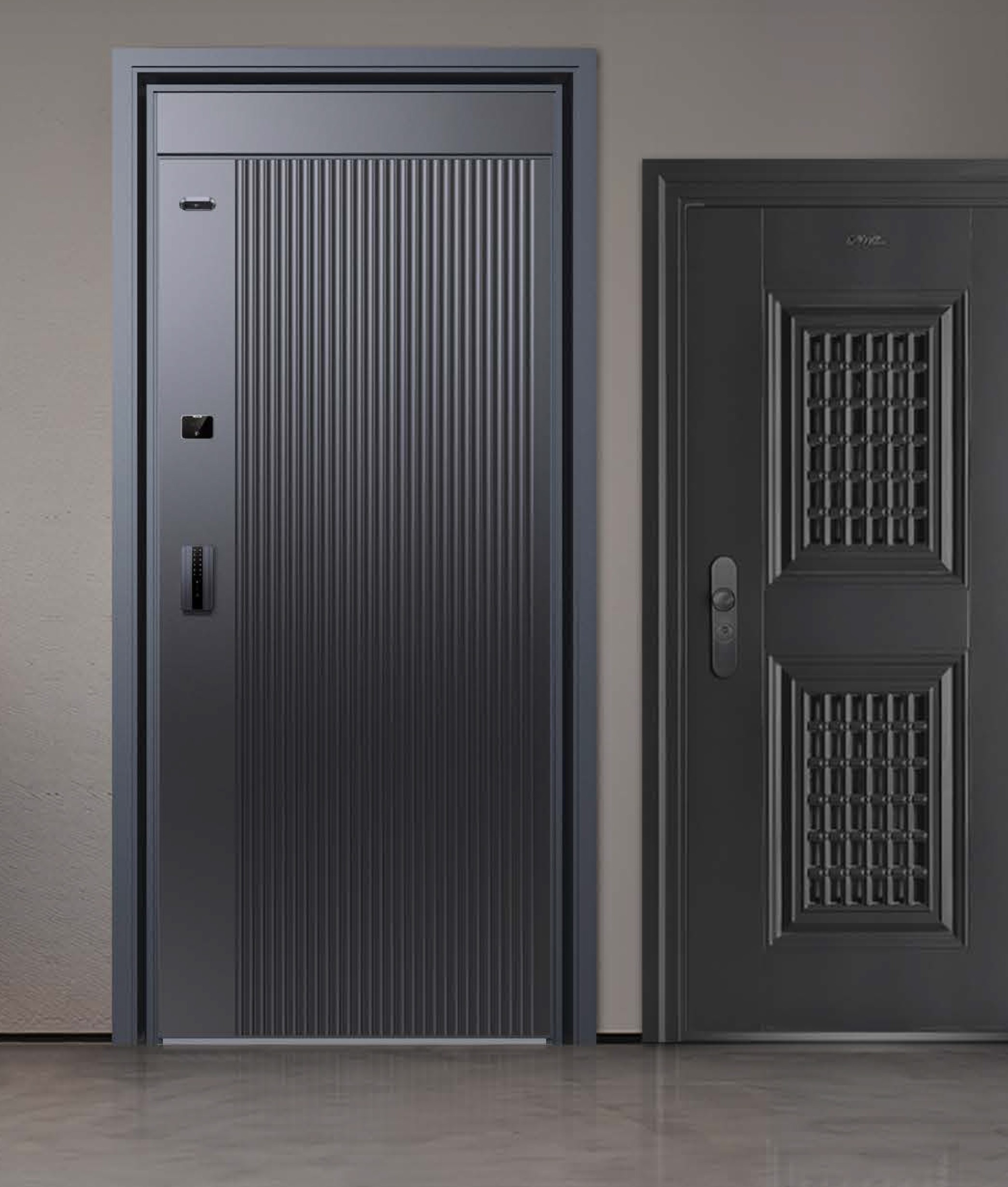 DoorBot smart security doors installed in a modern hallway